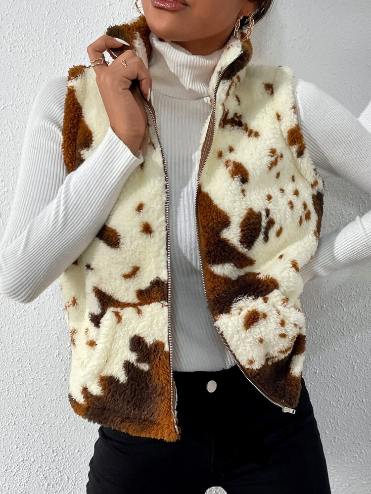 Cow Print Teddy Vest Jacket | SHEIN