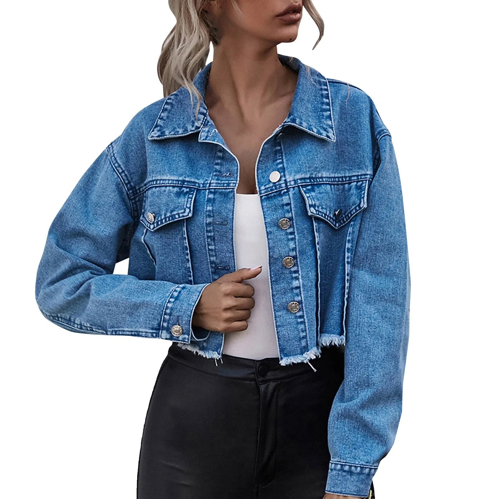 Mnjin Single Cropped Denim Jacket For Women Frayed Hem Long Sleeve Button Down Short Jean Jacket ... | Walmart (US)
