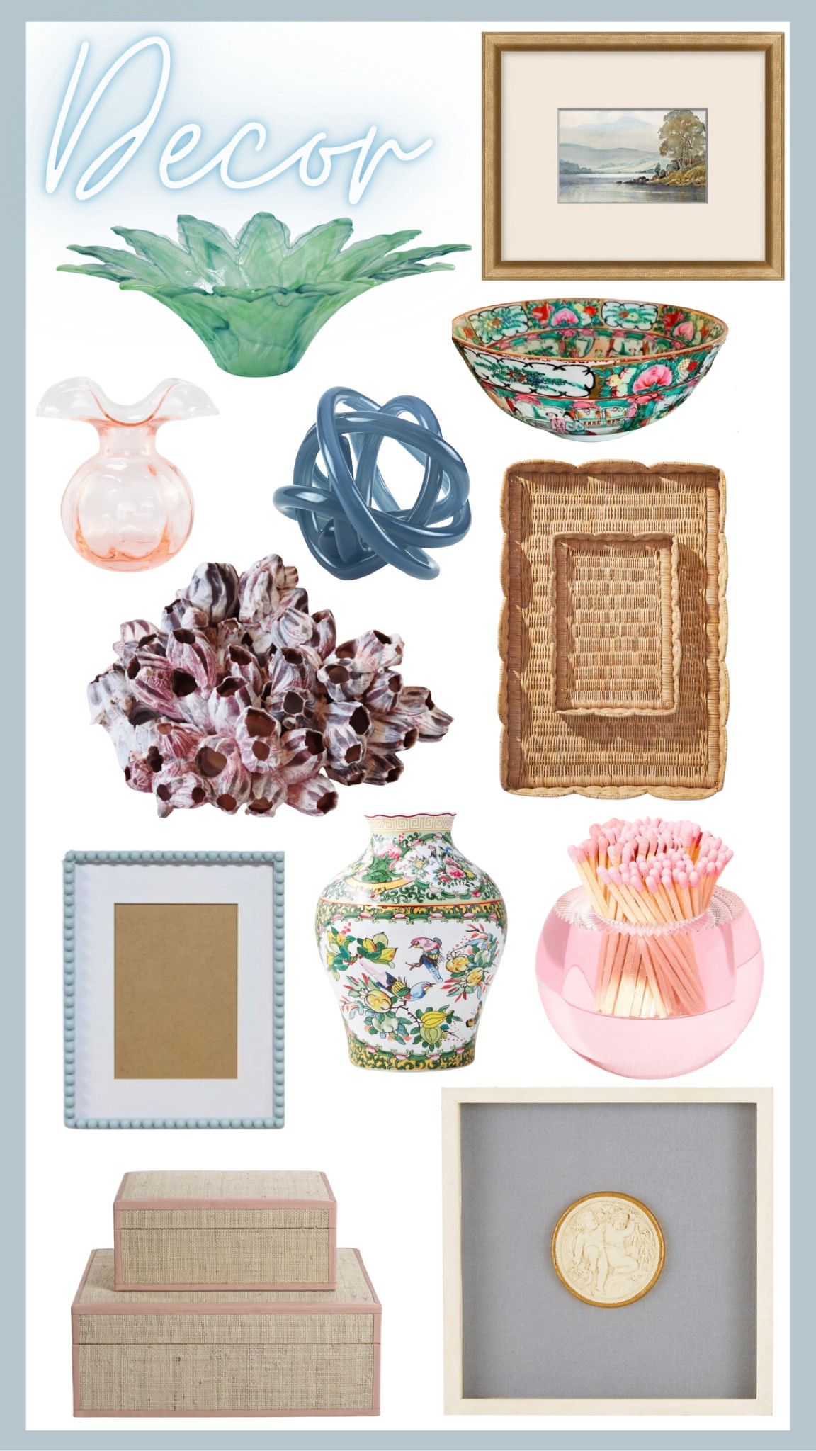 Art. Blown glass. Wavy bowl. Rose medallion. Grandmillennial decor. Antiques. Glass knot. Bud base. Pink vase. Barnacle. Woven rattan tray. Scallop. Bobbin frame. Picture frame. Match striker. Bookshelf decor  

#LTKSeasonal #LTKHome