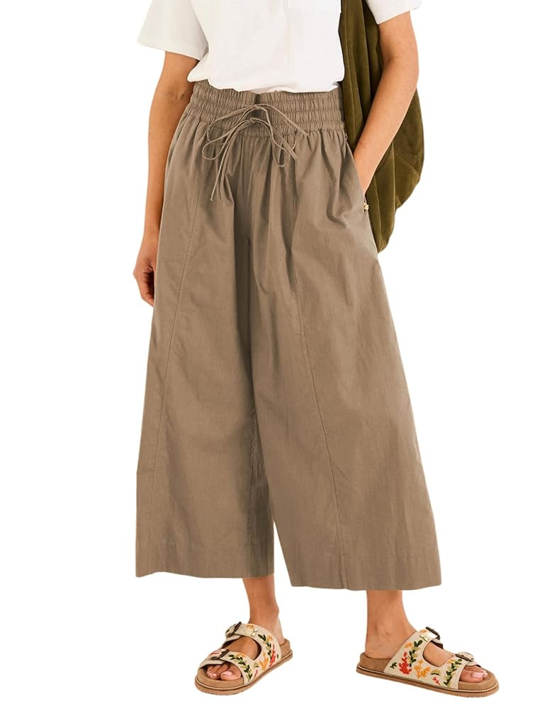 Yeokou Women Casual Wide Leg Pants Summer Cotton High Rise Elastic Waist Cropped Capris Trousers ... | Amazon (US)