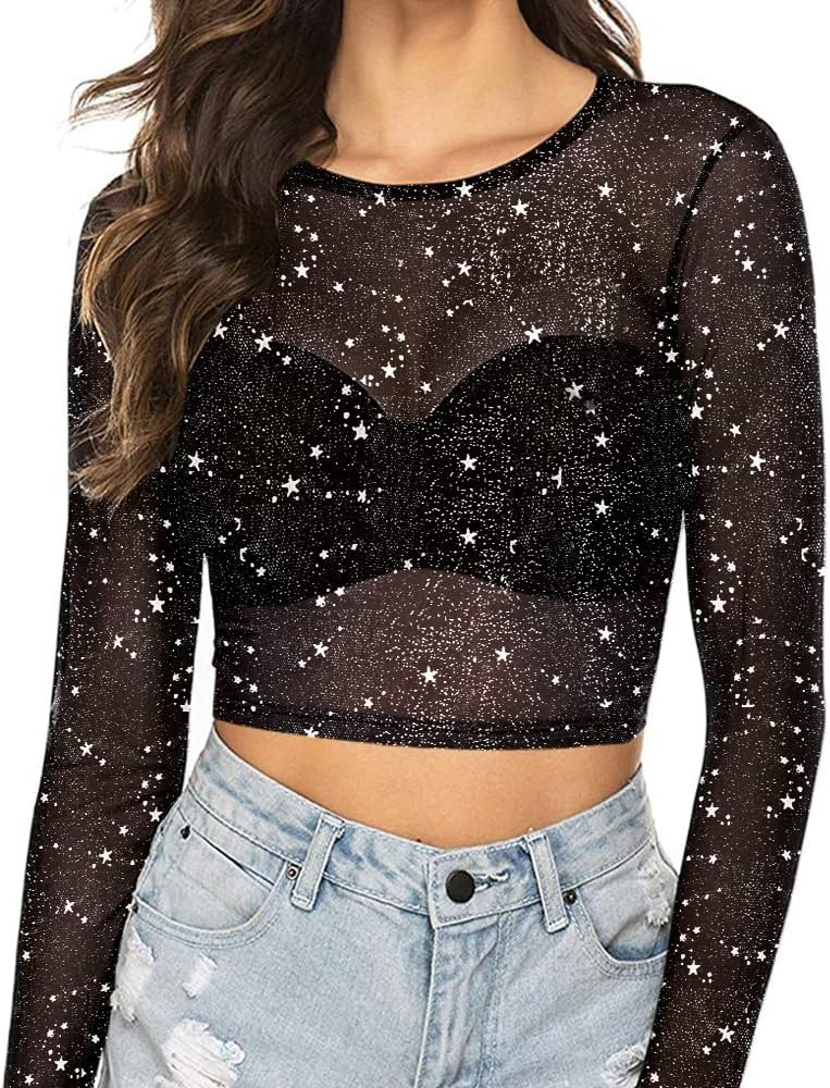MANGOPOP Women's Short Sleeve Long Sleeve Sheer Mesh Crop Tops Tee Shirt Blouse | Amazon (US)
