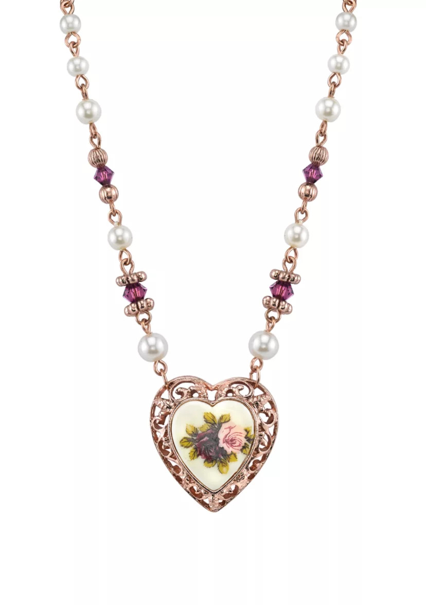 15 Inch Adjustable Rose Gold Tone Faux Pearl Purple Flower Heart Necklace | Belk