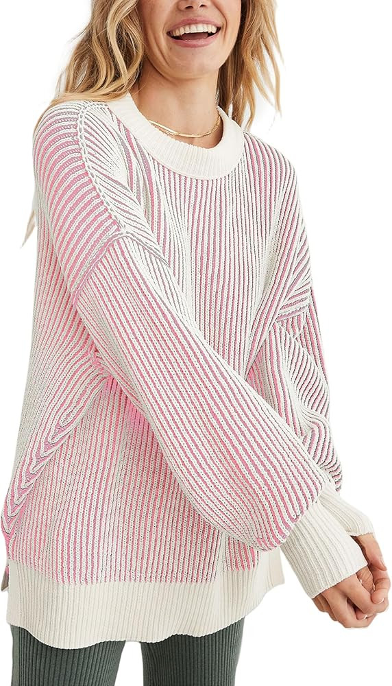 Beyond Chenille Sweater for Women 2024 Winter Crew Neck Pullover Sweater Color Block Knit Tops | Amazon (US)