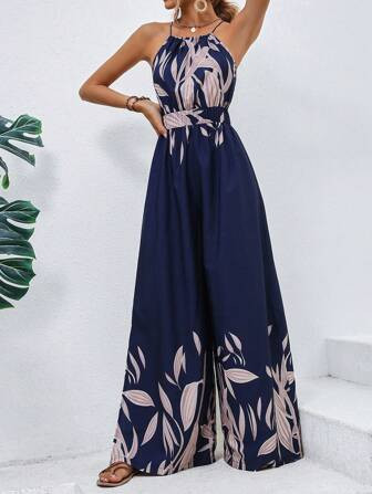 SHEIN VCAY Plants Print Belted Wide Leg Cami Jumpsuit | SHEIN