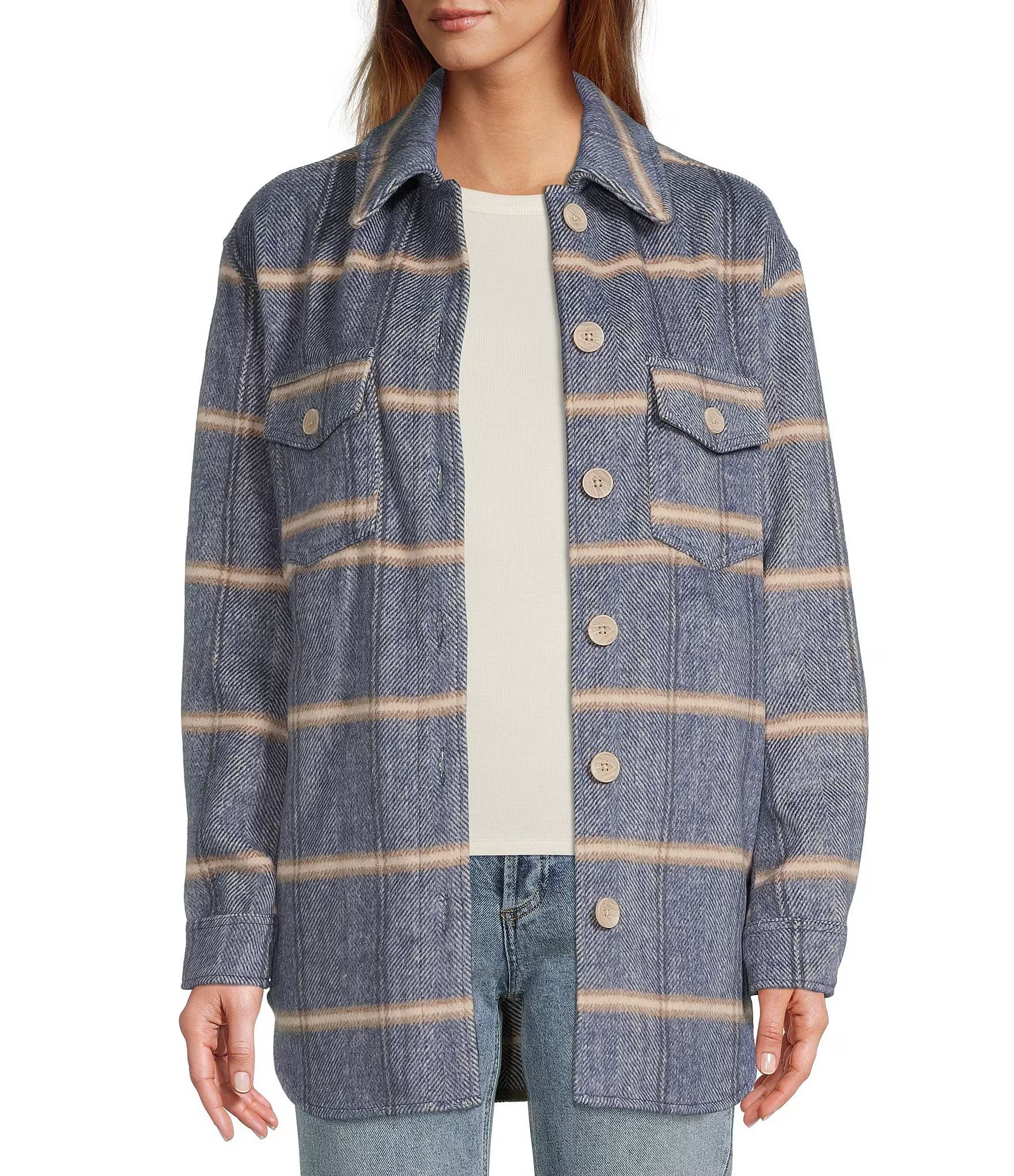 Herringbone Plaid Print Button Front Point Collar Long Sleeve Flap Pocket Oversize Shacket | Dillard's