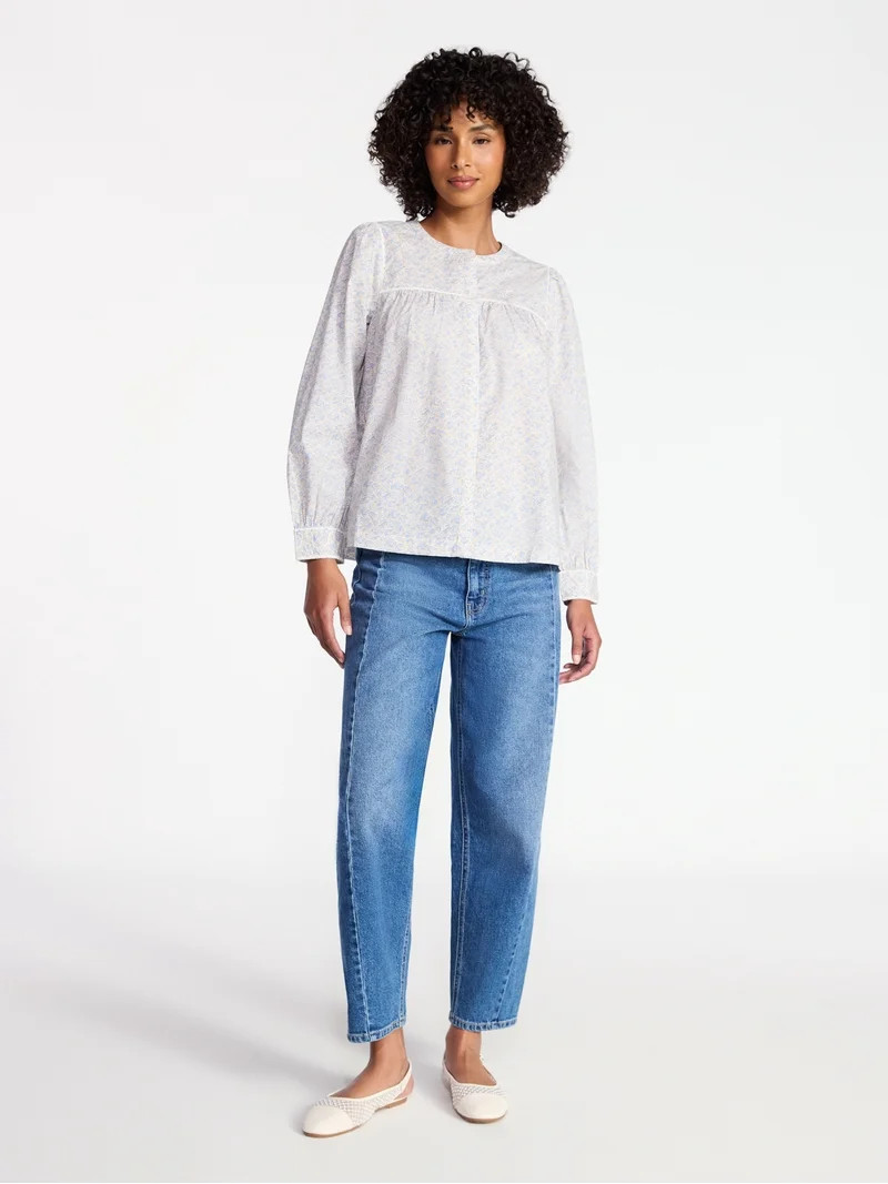 Time and Tru Women's Embroidered Cotton Button Front Shirt with Long Sleeves, Sizes XS-XXXL | Walmart (US)