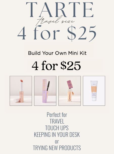 Tarte build your own mini kit  4 items for $25

Great way to test a product, find the right shade, grab for a trip or add to a gift 

#LTKOver40 #LTKBeauty #LTKStyleTip