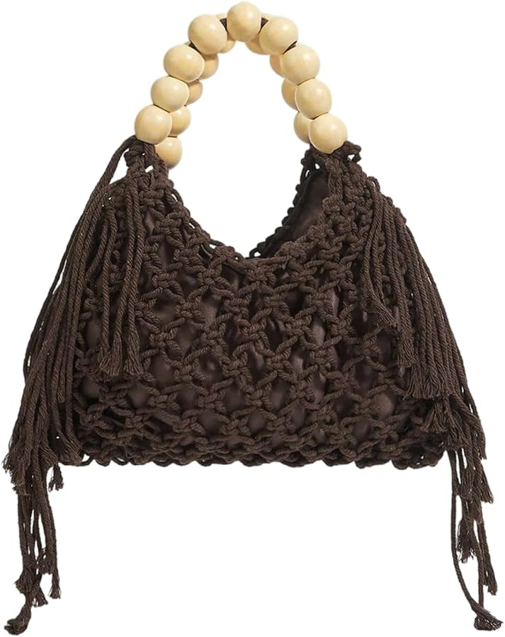 Verdusa Women's Hollow Out Fringe Crochet Bag Vacation Beaded Handle Satchel Clutch Purses | Amazon (US)