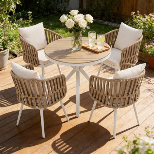 SUNSITT 5 Piece Outdoor Dining Set, Metal Patio Furniture Dining Set with Acacia Wood Top Dining Table and 4 Woven Rope Patio Chairs w/Cushions for Yard, Garden, White | Amazon (US)