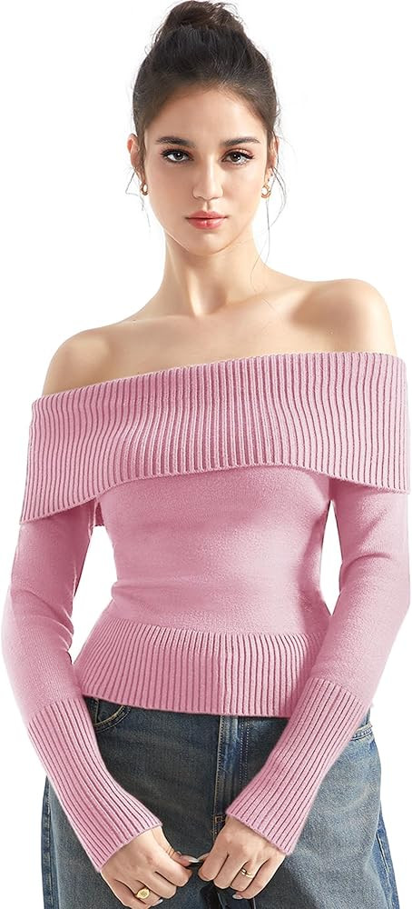 SUUKSESS Women Off Shoulder Sweaters Long Sleeve Ribbed Knit Going Out Fall Tops Blouse | Amazon (US)