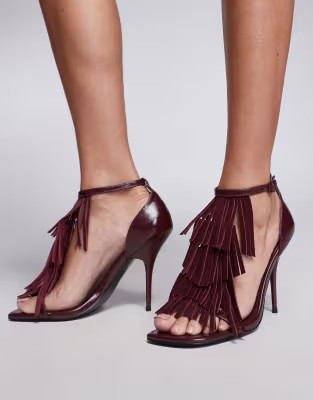 ASOS DESIGN Night Shade premium leather tassel detail heeled sandals in burgundy | ASOS | ASOS (Global)