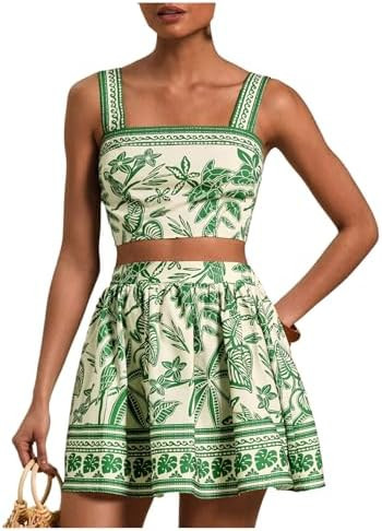 Floerns Women's Two Piece Outfit Tropical Crop Cami Top and Summer Skirts Set | Amazon (US)
