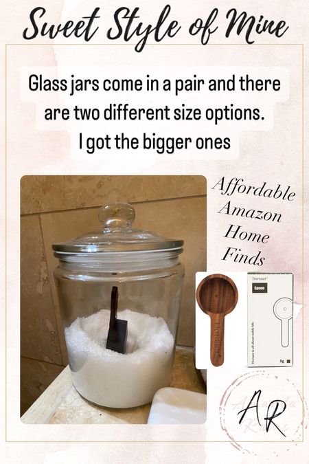 Affordable Amazon home finds! These glass jars are super versatile. I use one for bath salt and the other for laundry detergent. Also love this little wooden scoop to use with my bath salts 🫶

#LTKunder50 #LTKFind #LTKhome