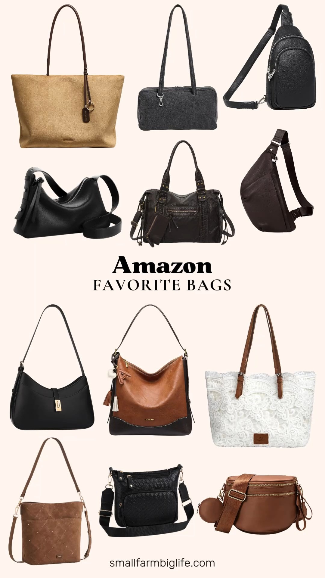 These favorite bags from Amazon cover such a great range of styles for everyday, travel, and work.

For anti theft options, the black Anti Theft Sling Purse with RFID protection is such a smart travel pick, and the coffee brown and black befen Genuine Leather Anti-Theft Crossbody Bags both have multiple card slots and RFID blocking for extra peace of mind.

For everyday hobo and crossbody styles, the cognac LOVEVOOK Hobo Bag with a cup holder is such a functional choice, and the coffee brown Y2K Vintage Hobo Shoulder Bag has such a fun, distressed look while still fitting a laptop. The washed black denim BAGGU Bowler Bag brings a fun, casual texture, and the black APHISON Crescent Underarm Bag and the black U+U Woven Crossbody Bag are both great smaller options for daily use.

For work, the tan BOSTANTEN Slouchy Work Tote and the brown S-ZONE Faux Suede Bucket Bag both have such a roomy, business casual workwear feel, perfect for carrying everyday essentials.

Rounding things out, the white lace and brown leather Boho Tote is such a fun option for a beach vacation or summer travel, and the cognac Waterproof Nylon Crossbody Bag is an easy, lightweight pick for travel days.

So many great bag options to shop for autumn outfits and everyday use, all linked for you.

#amazonfashion #handbags #fallfashion #falloutfits #businesscasual 

 #LTKootd #LTKOver40 #LTKWorkwear