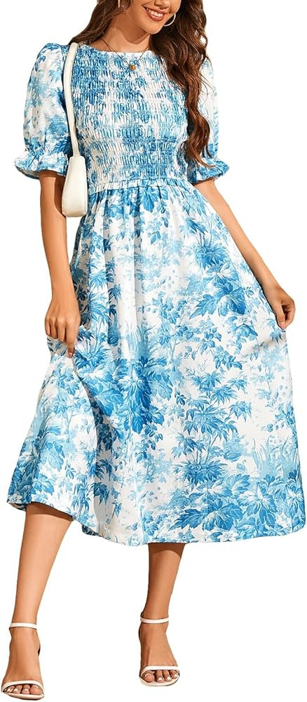 Ladyful Womens Fall Printed Smocked Midi Dress Casual Puff Sleeve Tie Front V Neck Flowy Party We... | Amazon (US)