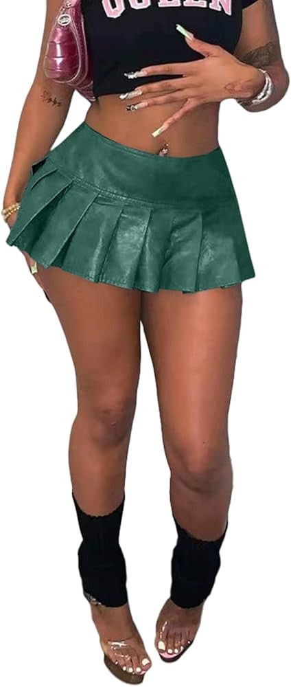 kaimimei Womens Sexy Y2K Pu Leather Skirt High Wiast Stretchy Cute Mini Pleated Short Skirt Clubw... | Amazon (US)