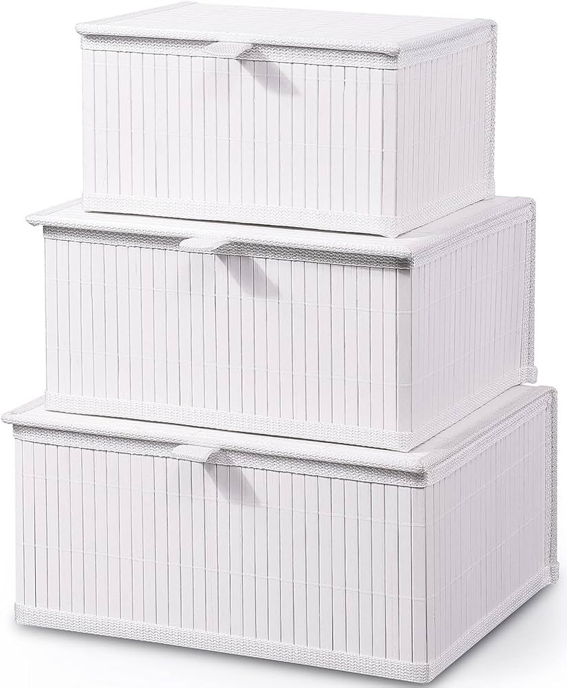 Honygebia Bamboo Decorative Storage Boxes - Set of 3 Woven Lined Storage Basket with Lids, White ... | Amazon (US)