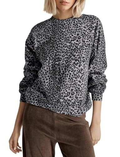 Livtany Women's Leopard Print Loose Fit Sweatshirt Long Sleeve Crew Neck Blouse Casual Distressed Hem Graphic Pullover Tops-Grey-XL | Amazon (US)