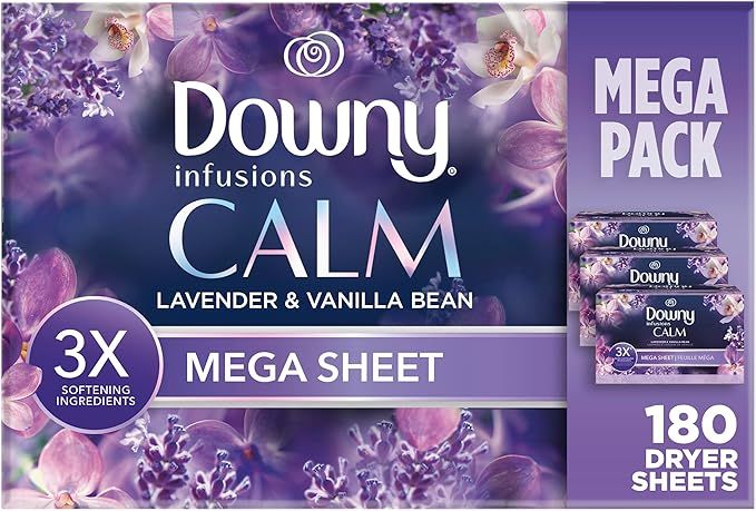 Downy Infusions Mega Dryer Sheets, Laundry Fabric Softener, CALM, Lavender and Vanilla Bean, 180 ... | Amazon (US)