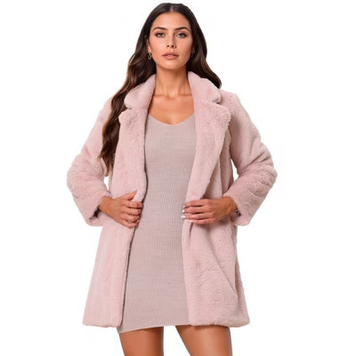 Allegra K Women's Lapel Collar Faux Fur Fuzzy Winter Long Overcoat with Pockets X-Small Dusty Pink | Target