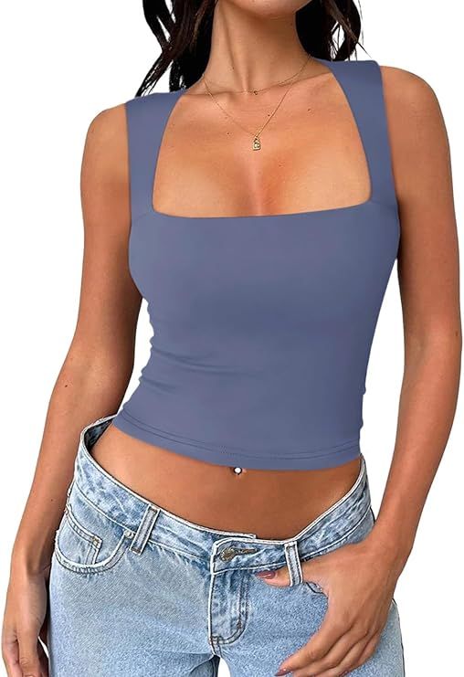 REORIA Women's Square Neck Going Out Crop Tops Double Lined Cute Basic Tank Tops 2024 Trendy Clot... | Amazon (US)