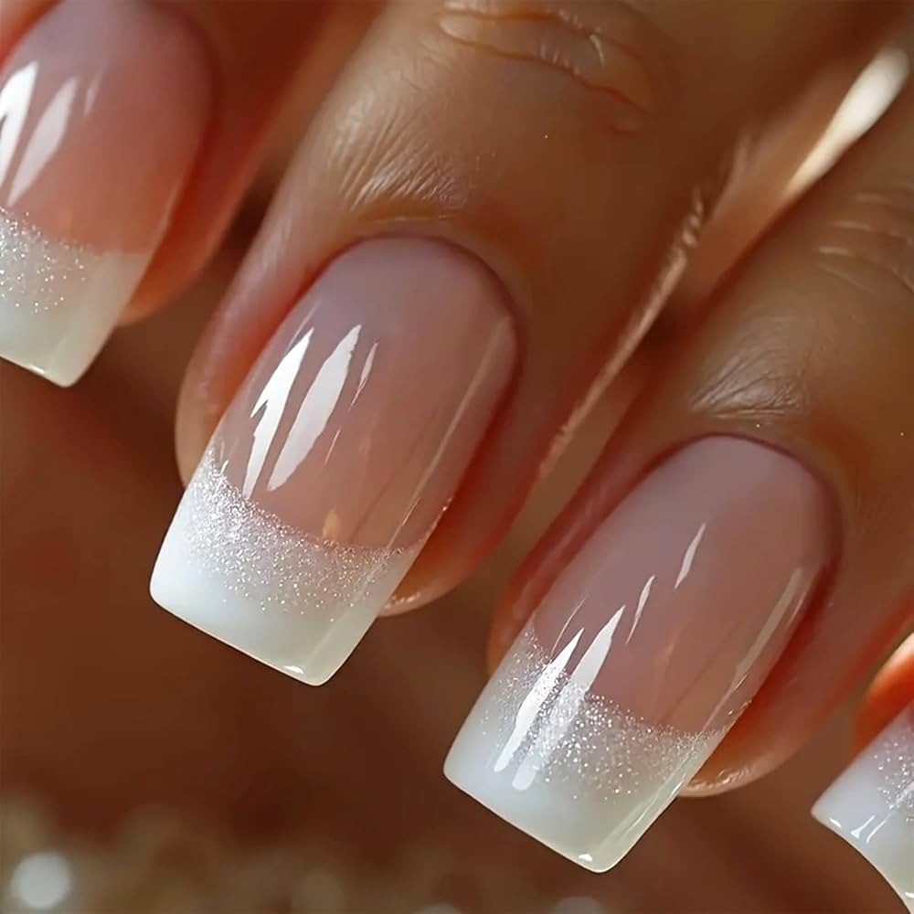 24Pcs French Tip Press On Nails Medium Square Glitter Acrylic Nails with White Gradient Design Gl... | Amazon (US)