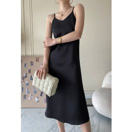 Glossy Satin Cami Dress in Black | Chicwish