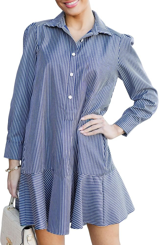 LifeShe Women's Tunic Mini Shirt Dress Cotton Long Sleeve Ruffle Hem Dress Button Up Shift Chambr... | Amazon (US)