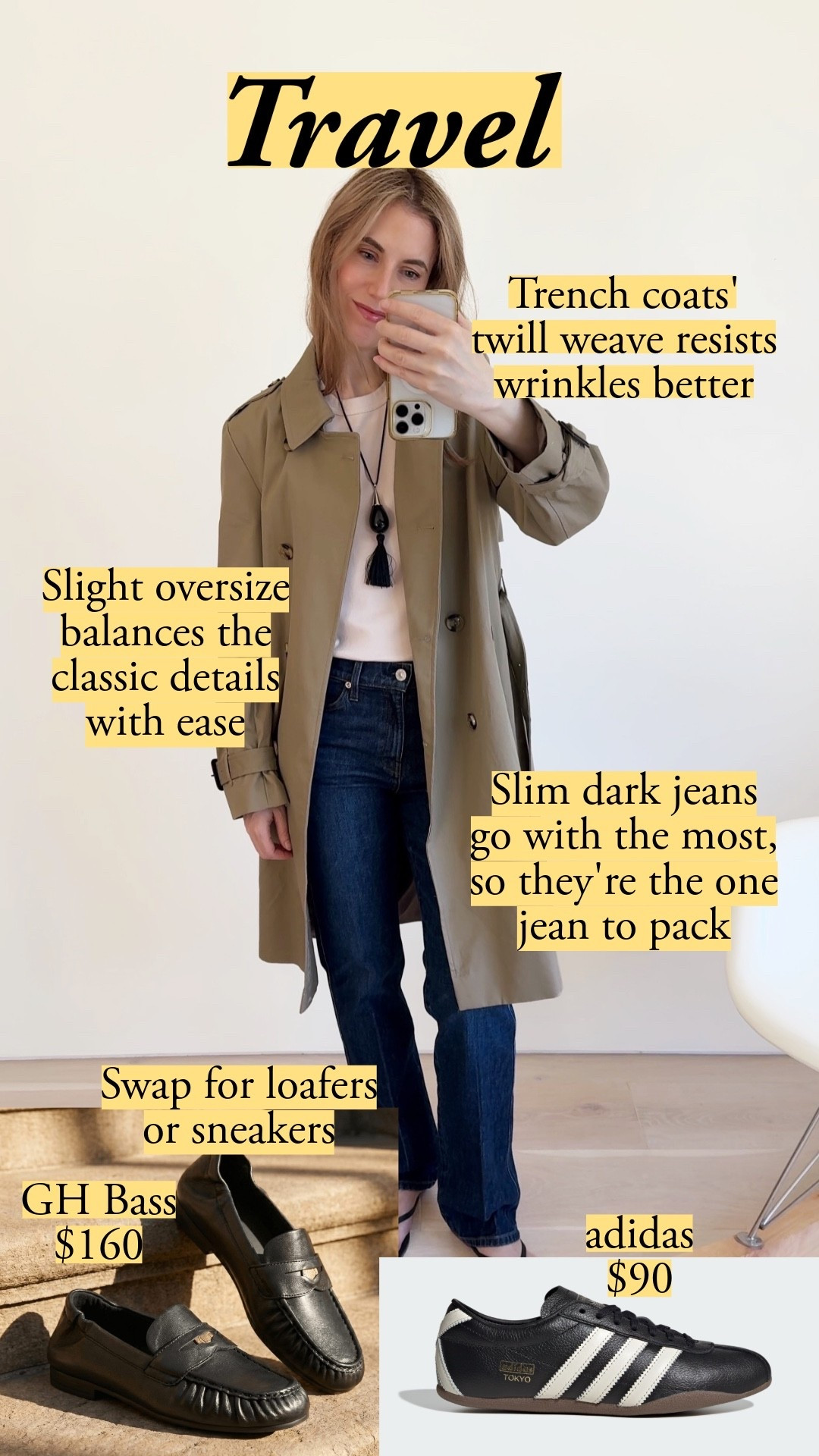 A classic trench is so great for summer travel. The twill weave helps it resist wrinkles, and the cotton breathes. The slim dark jeans pair with everything else in your bag. Swap the flip flops for soft loafers or heritage sneakers depending on how much walking your trip involves. khaki trench coat, classic trench, twill trench, slim dark jeans, GH Bass loafers, penny loafers, adidas Tokyo, leather sneakers, travel outfit, capsule wardrobe, packing light, tassel necklace

#LTKootd