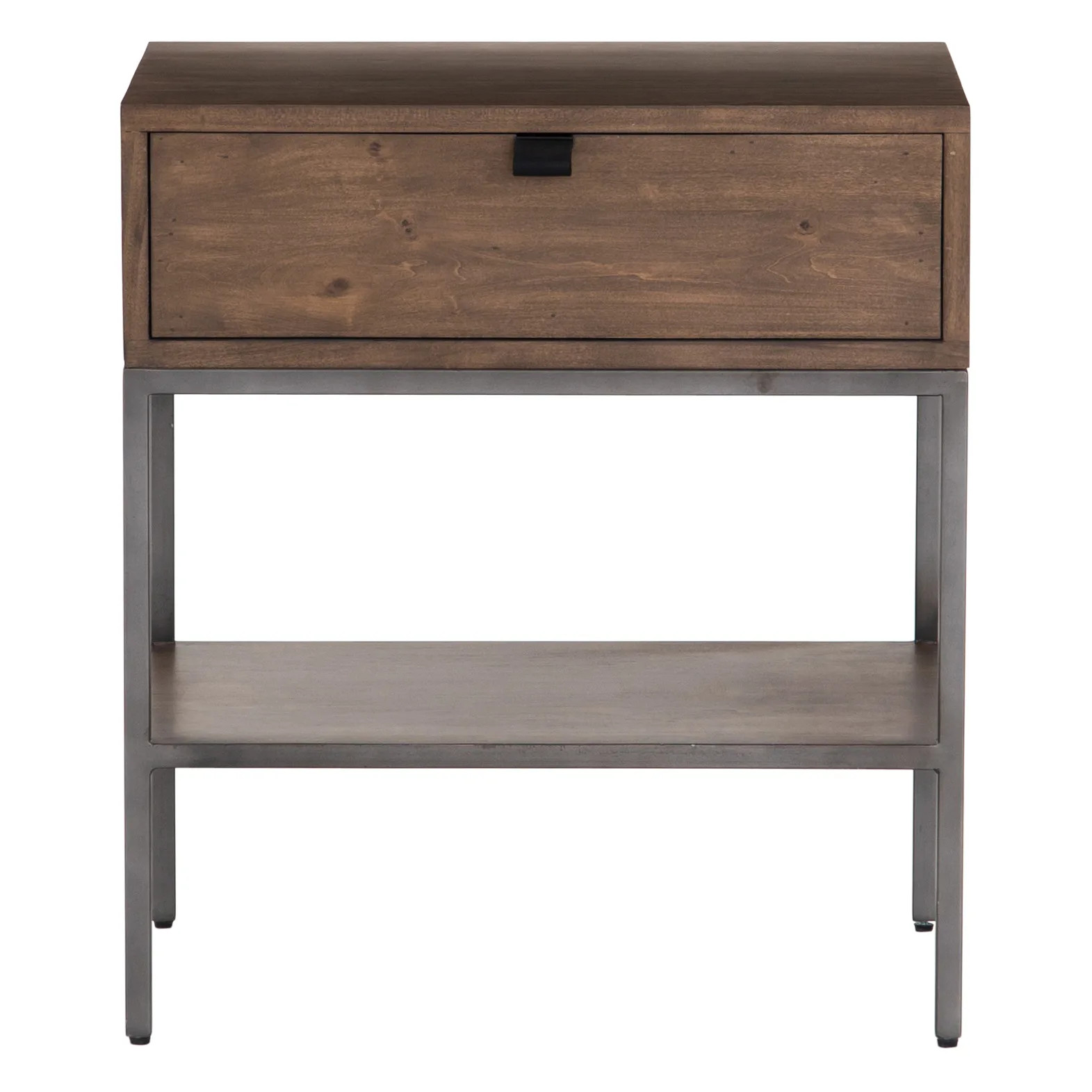 Theodore Industrial Loft Brown Wood Grey Iron Leather Pulls 1 Drawer Nightstand | Kathy Kuo Home