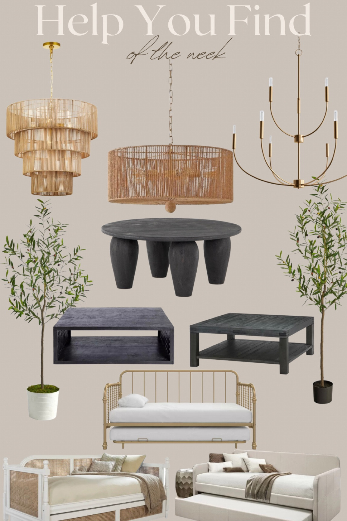Help u find home decor of the week 
Black Coffee table 
Foyer Chandelier 
Trundle pullout bed
Faux olive tree 
Mailbox 
Floating shelves 

#LTKhome #LTKstyletip #LTKsalealert