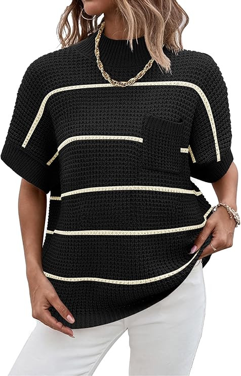 Women 2024 Sweater Vest Mock Neck Batwing Short Sleeve Oversized Ribbed Knit Tops Fall Pullover S... | Amazon (US)