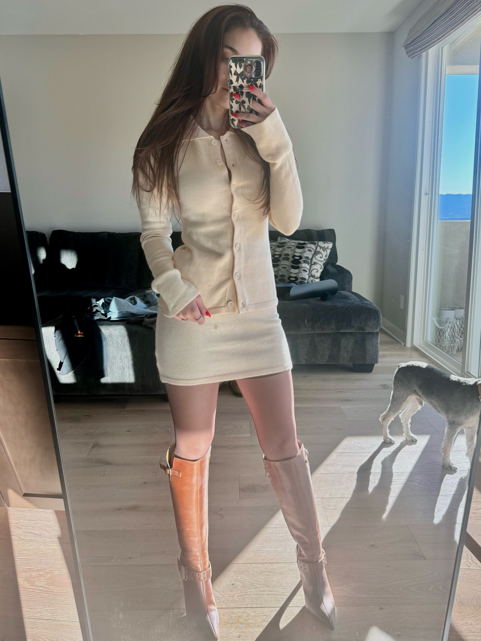 Sweater skirt set 
Sweater set 
Mini skirt 
Knee high boots 

#LTKStyleTip #LTKParties #LTKSeasonal