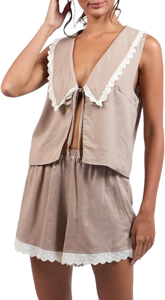 Women Y2K 2 Piece Pajama Outfit Bow Tie Front Sleeveless Tank Vest Gingham Lounge Shorts Set Summ... | Amazon (US)