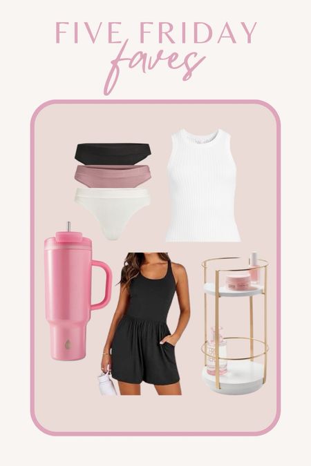 five Friday faves!

• walmart soft & comfy underwear
• ribbed sweater tank- really impressed with the quality! Stretchy but tight fitting. I got a M.
• iridescent pink 40oz tumbler that’s spill proof 
• Amazon flowy romper: fits tts, I got a small
• 2 tiered lazy Susan organizer 

#LTKhome #LTKfindsunder50
