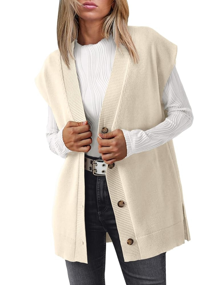 LILLUSORY Women V Neck Sweater Vest Oversized Long Cardigan Casual Vest Tops 2025 Trendy | Amazon (US)