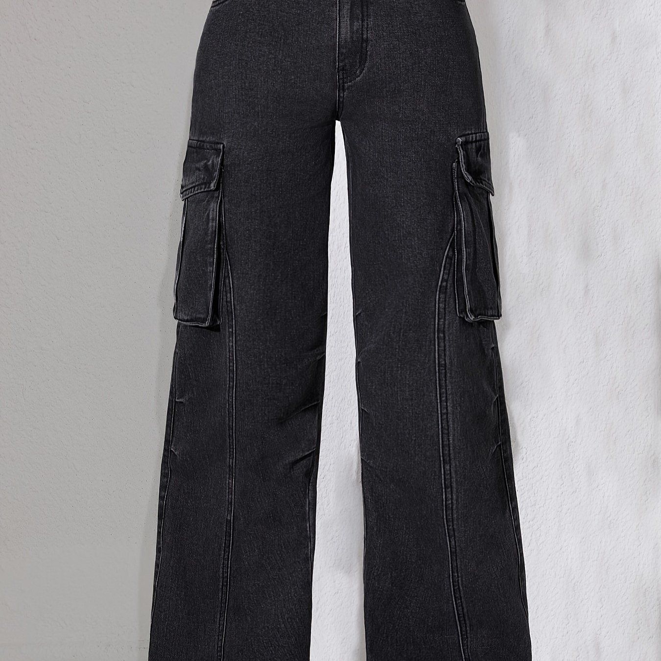 Plain Black Color Wide Leg Side Flap Pocket Cargo Jeans - Temu | Temu Affiliate Program