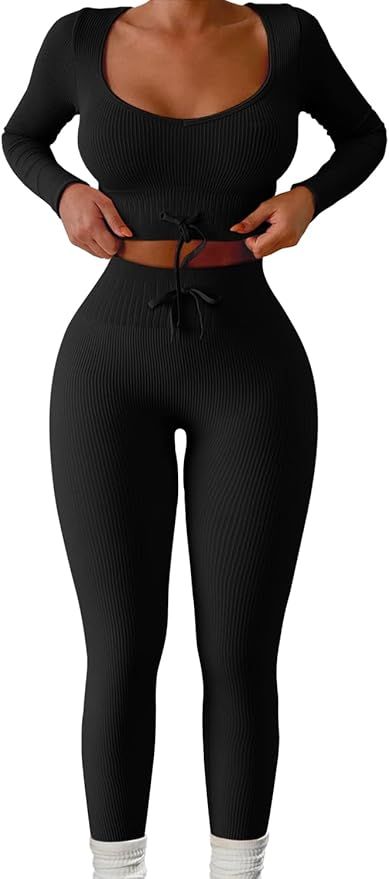 QINSEN Workout Sets for Women 2 Piece Seamless Long Sleeve Crop Tops Ribbed High Waist Leggings | Amazon (US)