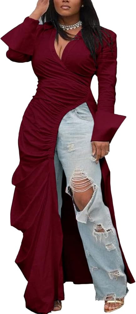 Seltaon Sexy Shirt Dresses for Women High Low Asymmetrical Tops Long Sleeve T Shirt Dress | Amazon (US)
