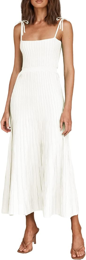 RAISECOM Women's Ribbed Knit Dresses Adjustable Tie Straps Square Neck Summer Party Maxi Long Dre... | Amazon (US)