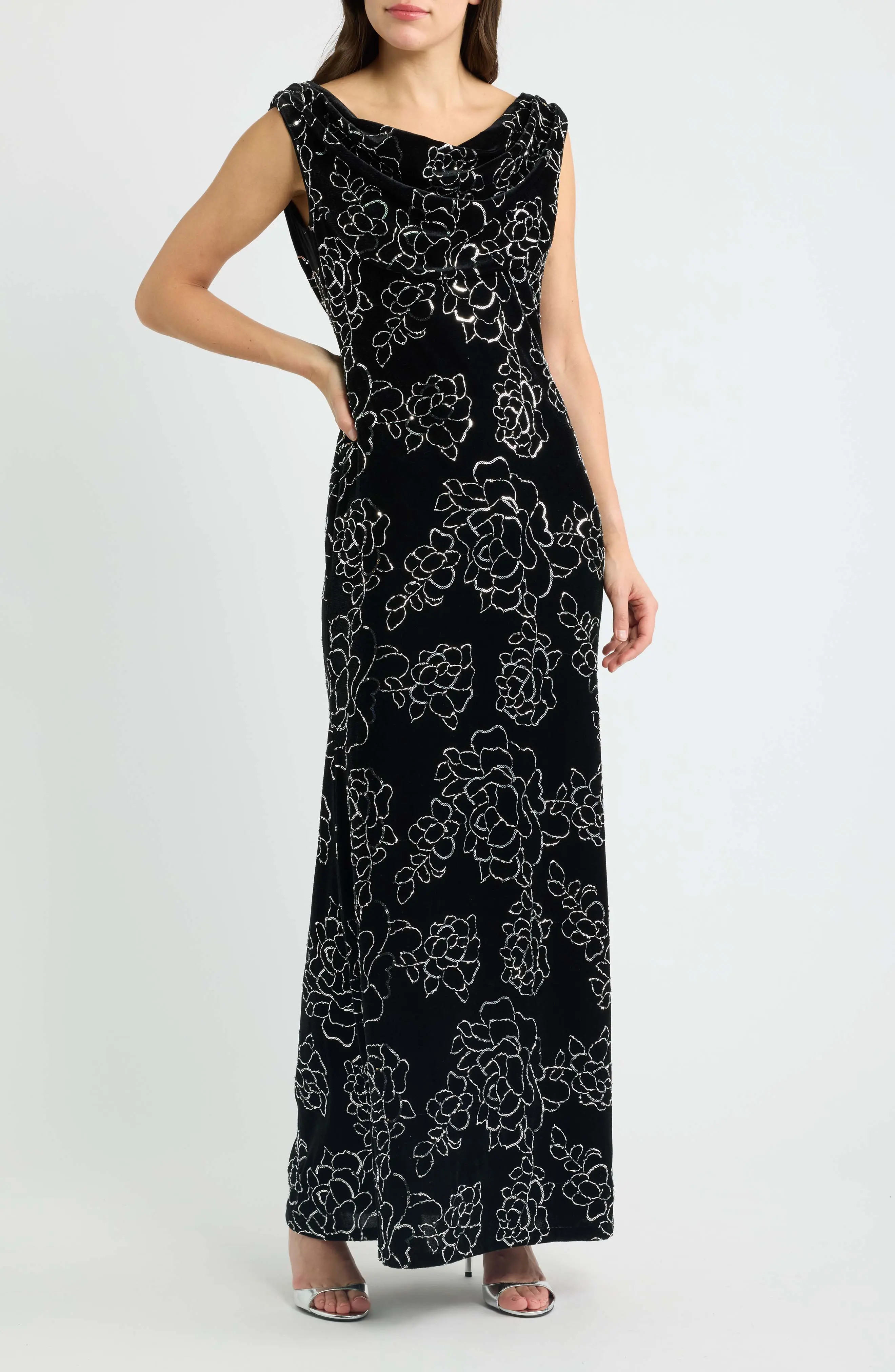Eliza J Floral Sequin Drape Neck Velvet Gown (Women) | Nordstrom | Nordstrom