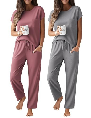 Ekouaer 2 Packs Pajamas for Women Set Cap Sleeve Top and Pants Soft Sleepwear Comfy Pjs Set with Pockets Loungewear Pink/Grey | Amazon (US)