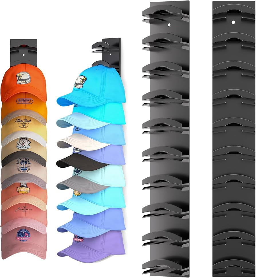Hat Organizer Hold up to 20 Hats, 2 Pack Hat Rack for Wall with Strong Adhesive, Hat Organizer fo... | Amazon (US)