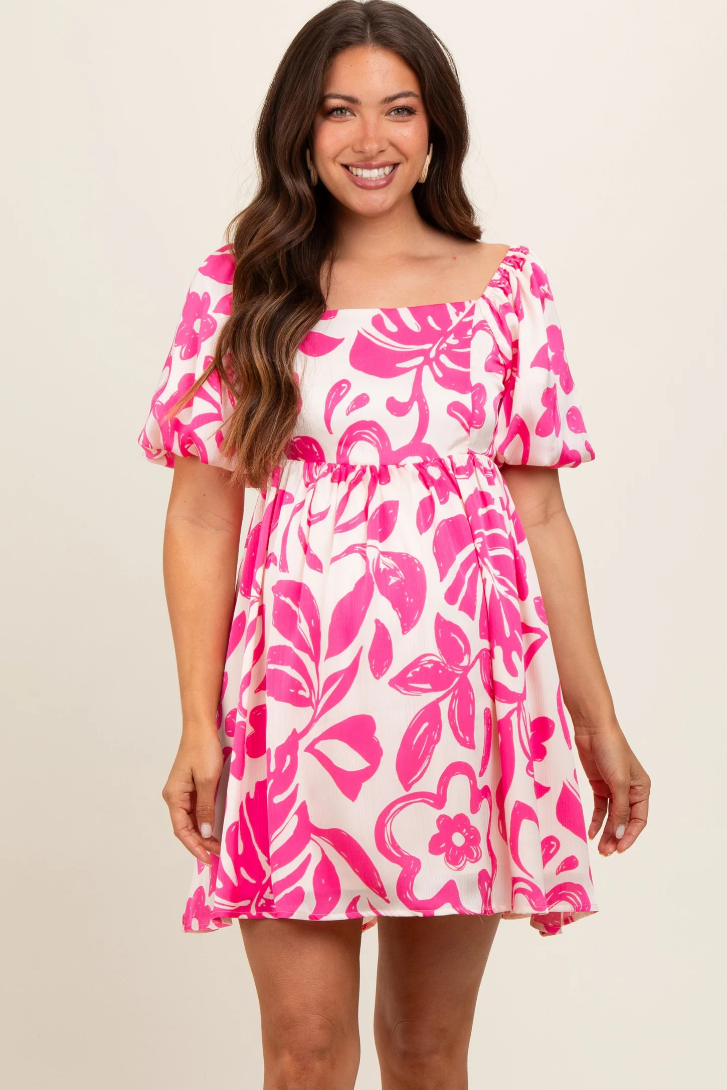 Fuchsia Floral Puff Sleeve Maternity Dress | PinkBlush Maternity