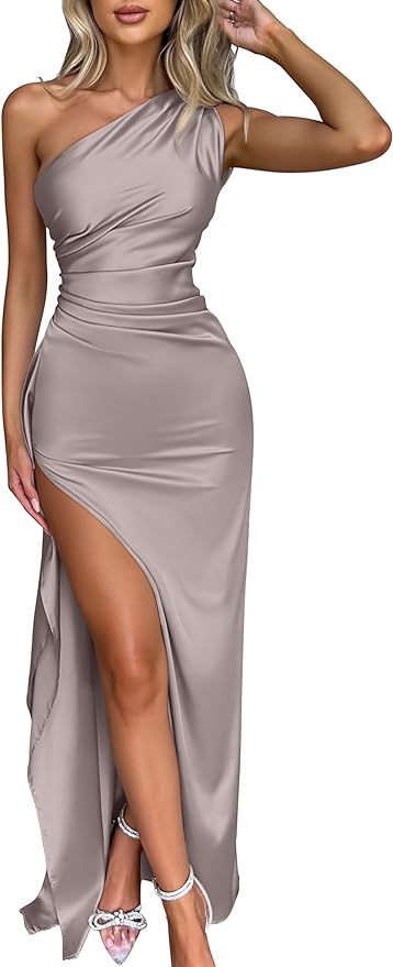 Memoriesea Women's Sexy One Shoulder Satin High Split Cocktail Wedding Party Maxi Dress | Amazon (US)