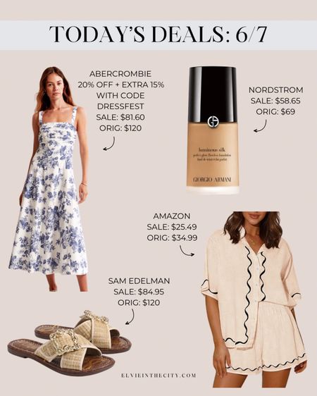 Today’s daily deals include a dress from Abercrombie (use code DRESSFEST for additional 15% off), Armani Luminous Silk foundation, Sam Edelman sandals, and a two piece shorts and blouse set that I own (makes a great cover up). 

Ootd, summer outfit, wedding guest dress, resort wear, summer dress

#LTKsalealert #LTKfindsunder50 #LTKfindsunder100