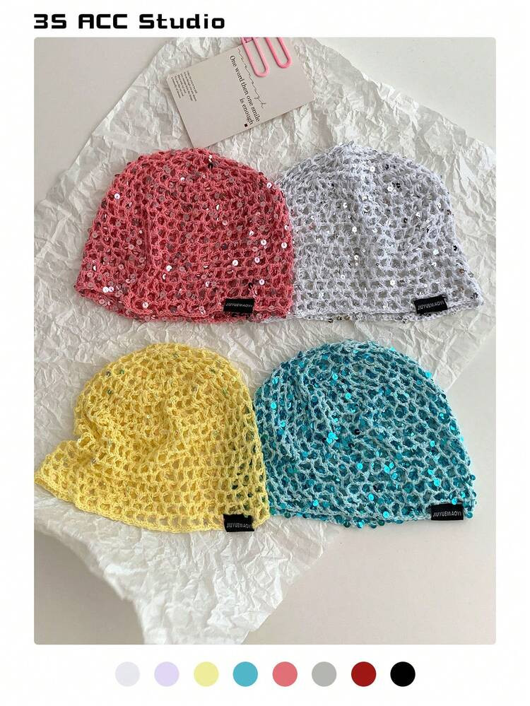 Y2K Fashionable Sequin Mesh Cap, Hollow Out Breathable Woven Beanie Hat, Vintage Versatile Lightweight Slouchy Skull Cap, Retro Packable Design, Pastel Colors For Women, Spring/Summer | SHEIN