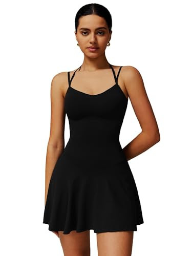Tennis Dress for Women with Built in Shorts Spaghetti Straps 2-in-1 Ruffle A-line Active Yoga Golf Dress Black S | Amazon (US)