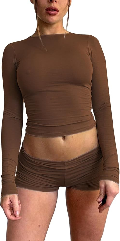 Women Ribbed Knit 2 Piece Outfits Short Sleeve Solid Slim Fit Shirt Top High Waist Shorts Set Str... | Amazon (US)