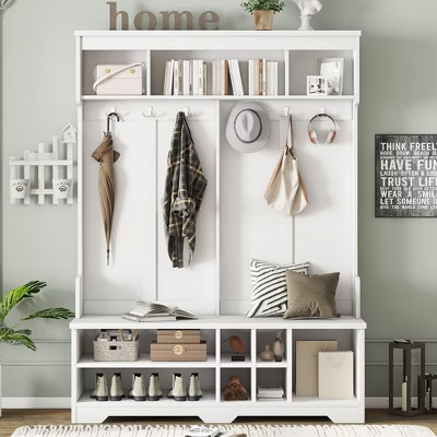 Okak Modern Hall Tree with 6 Metal Hooks and Ample Storage, Coat Rack with Shoe Cubbies and Bench, Coat Tree for Living Room, Entryway, White | Target